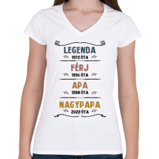 PRINTFASHION Legenda, férj, apa, nagypapa - Női V-nyakú póló - Fehér