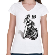 PRINTFASHION Let's ride! - Motoros minta - Női V-nyakú póló - Fehér női póló