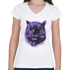 PRINTFASHION Lila tigris - Női V-nyakú póló - Fehér női póló
