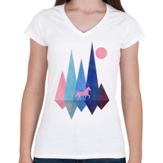 PRINTFASHION Ló és hegyek - Női V-nyakú póló - Fehér