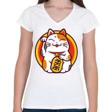 PRINTFASHION Lucky cat - Maneki neko - Női V-nyakú póló - Fehér női póló