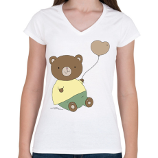 PRINTFASHION Mackó szíves lufival - Női V-nyakú póló - Fehér