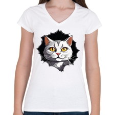 PRINTFASHION Macska a pólóban - Női V-nyakú póló - Fehér női póló
