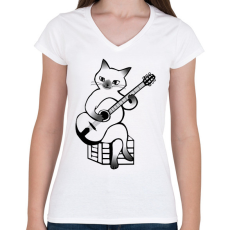 PRINTFASHION Macska gitározik - Női V-nyakú póló - Fehér