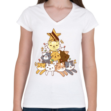 PRINTFASHION Macska karácsonyfa - Női V-nyakú póló - Fehér női póló