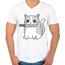 PRINTFASHION Macska késsel - Férfi V-nyakú póló - Fehér férfi póló