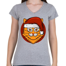 PRINTFASHION Macska mikulás sapkában - Női V-nyakú póló - Sport szürke