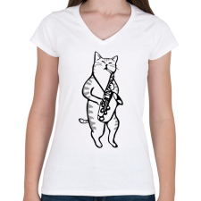 PRINTFASHION Macska szaxofonozik - Női V-nyakú póló - Fehér női póló
