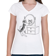 PRINTFASHION Macska szépítkezik - Női V-nyakú póló - Fehér női póló