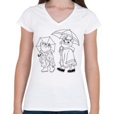 PRINTFASHION Macskák az esőben - Női V-nyakú póló - Fehér