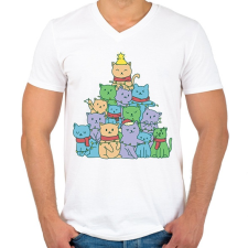 PRINTFASHION Macskás karácsonyfa - Férfi V-nyakú póló - Fehér férfi póló