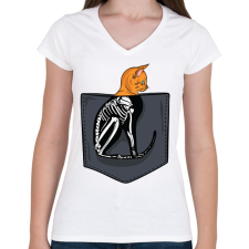 PRINTFASHION Macskás zsebminta - Női V-nyakú póló - Fehér női póló