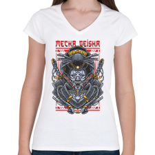 PRINTFASHION Mecha Geisha - Női V-nyakú póló - Fehér női póló