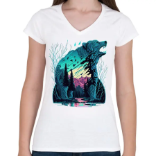 PRINTFASHION Medve a naplementében - Női V-nyakú póló - Fehér női póló