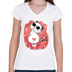 PRINTFASHION Menő macska - Női V-nyakú póló - Fehér
