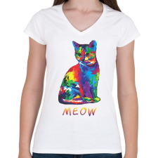 PRINTFASHION MEOW - Női V-nyakú póló - Fehér női póló