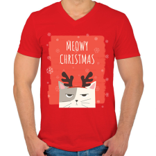 PRINTFASHION MEOWY CHRISTMAS - Férfi V-nyakú póló - Piros férfi póló
