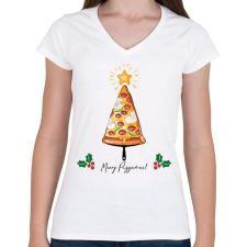 PRINTFASHION Merry Pizzamas pizzalapáttal - Női V-nyakú póló - Fehér női póló