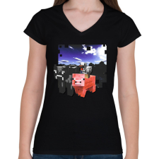 PRINTFASHION minecraft farm állatok (képregény stílus) - Női V-nyakú póló - Fekete női póló