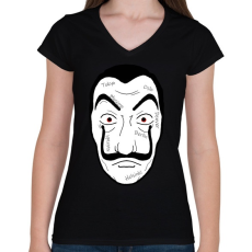 PRINTFASHION Money heist maszk nevekkel - Női V-nyakú póló - Fekete