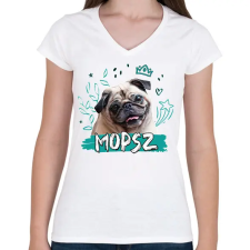 PRINTFASHION Mopsz firka - Női V-nyakú póló - Fehér női póló