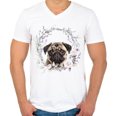 PRINTFASHION mopsz virágokkal - Férfi V-nyakú póló - Fehér