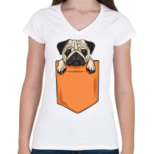 PRINTFASHION Mopsz zsebminta - Női V-nyakú póló - Fehér női póló