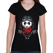 PRINTFASHION Motoros panda - Női V-nyakú póló - Fekete női póló