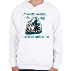 PRINTFASHION motoros unikornis - Gyerek kapucnis pulóver - Fehér