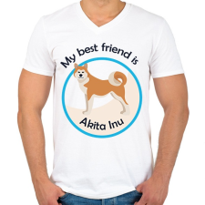 PRINTFASHION My best friend - Akita Inu - Férfi V-nyakú póló - Fehér férfi póló
