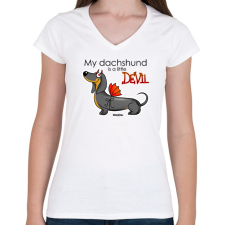 PRINTFASHION "My dachshund is a little DEVIL" - Női V-nyakú póló - Fehér női póló