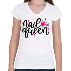PRINTFASHION Nail Queen - Női V-nyakú póló - Fehér