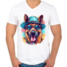 PRINTFASHION Német juhász - Férfi V-nyakú póló - Fehér férfi póló