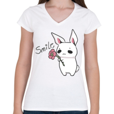 PRINTFASHION Nyuszi Virággal - Mosolyogj  - Női V-nyakú póló - Fehér