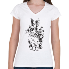 PRINTFASHION nyuszi virágokkal fekete - Női V-nyakú póló - Fehér