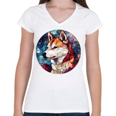 PRINTFASHION ólomüveg Akita Inu  - Női V-nyakú póló - Fehér