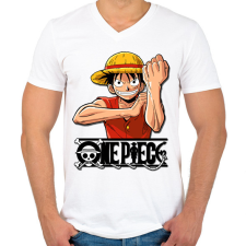 PRINTFASHION One Piece - Monkey D. Luffy - Férfi V-nyakú póló - Fehér férfi póló