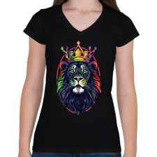 PRINTFASHION Oroszlán király koronával - Női V-nyakú póló - Fekete női póló