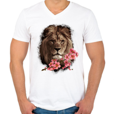 PRINTFASHION Oroszlán virággal - Férfi V-nyakú póló - Fehér