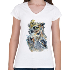 PRINTFASHION Painted Owl - Női V-nyakú póló - Fehér női póló