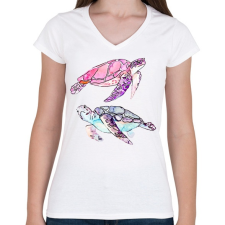 PRINTFASHION Painted Turtles - Női V-nyakú póló - Fehér női póló