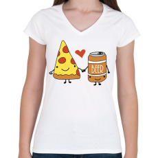 PRINTFASHION Pizza és sör - Női V-nyakú póló - Fehér