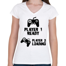 PRINTFASHION Player 1, Player 2 - Kismama - Női V-nyakú póló - Fehér női póló
