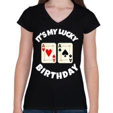 PRINTFASHION POKER SZÜLINAP - Női V-nyakú póló - Fekete női póló