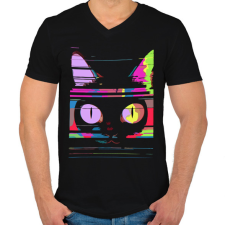PRINTFASHION Psychedelic cat - Férfi V-nyakú póló - Fekete férfi póló