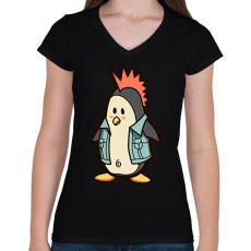 PRINTFASHION Punk pingvin - Női V-nyakú póló - Fekete