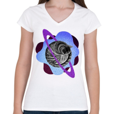PRINTFASHION Purple cat planet - Női V-nyakú póló - Fehér