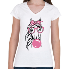 PRINTFASHION Rágózó ló - Női V-nyakú póló - Fehér