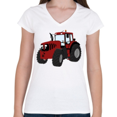 PRINTFASHION Red traktor - Női V-nyakú póló - Fehér
