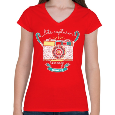 PRINTFASHION Retro fényképező - Női V-nyakú póló - Piros